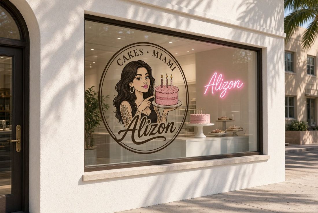 Concepto de la vitrina de la tienda Alizon con letrero de neón rosado